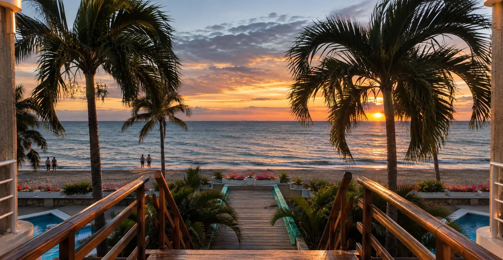 Atardecer sobre el mar desde el edificio: la pasarela entre las piscinas lleva directo a la playa